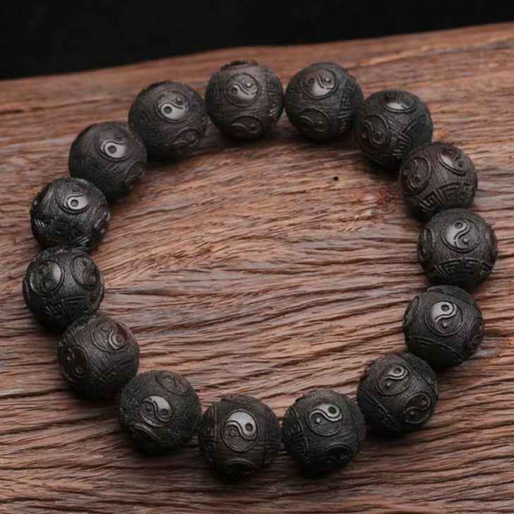 Ebony Taiji Bagua Bracelet - Yin Yang Carved Wooden Beads with Cosmic Harmony (15mm/20mm Sizes)